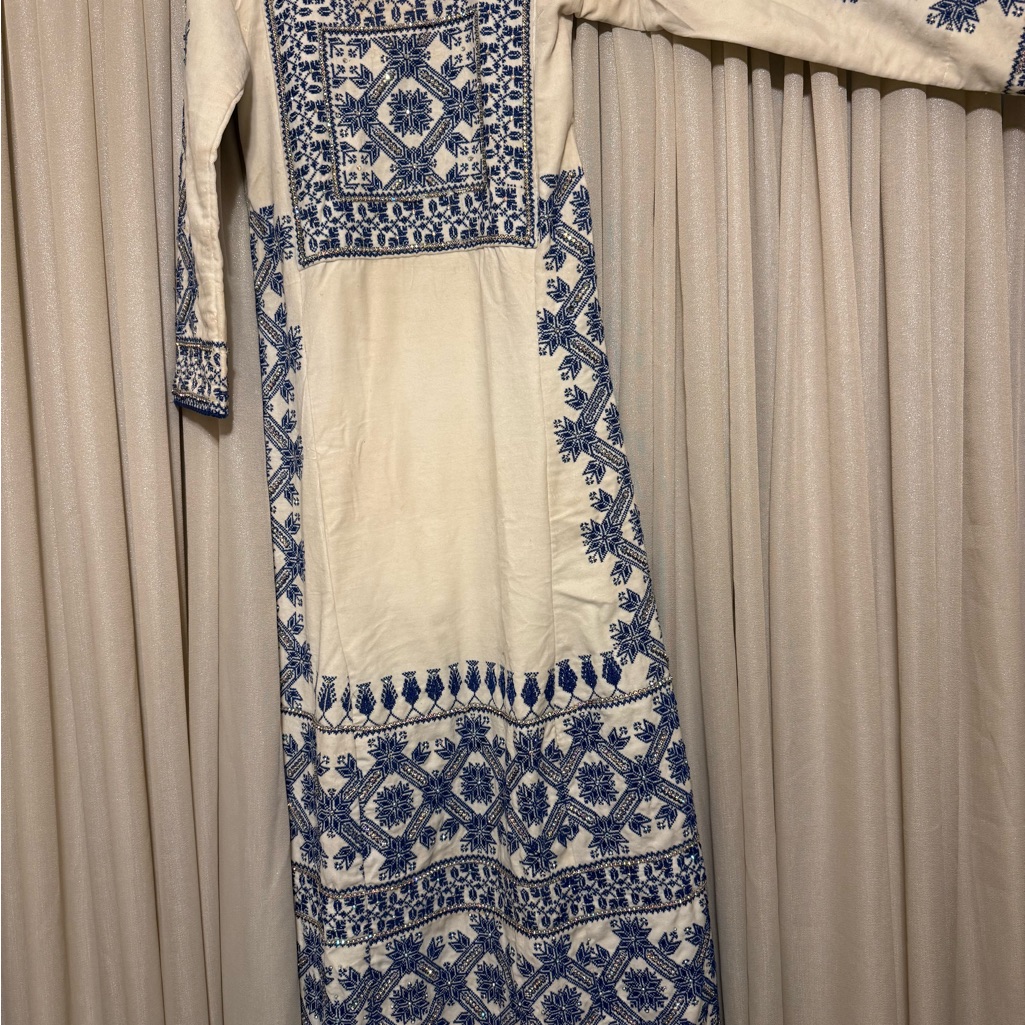 Elegant Blue And Cream Embroidered Dress